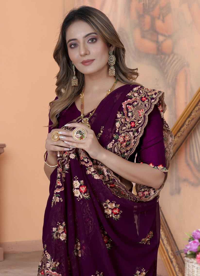 Purple Georgette Embroidered Saree