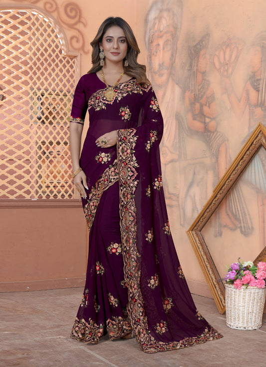 Purple Georgette Embroidered Saree