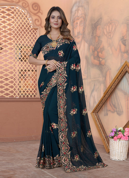 Teal Blue Georgette Embroidered Saree