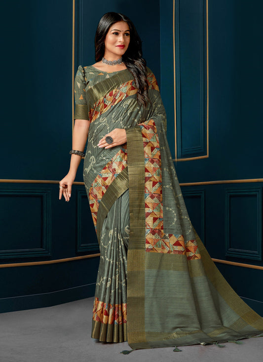 Moss Green Digital Print Silk Saree