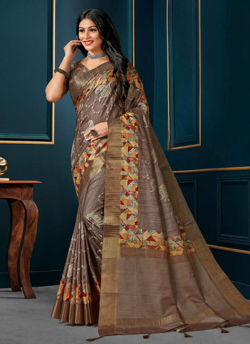 Oak Brown Digital Print Silk Saree