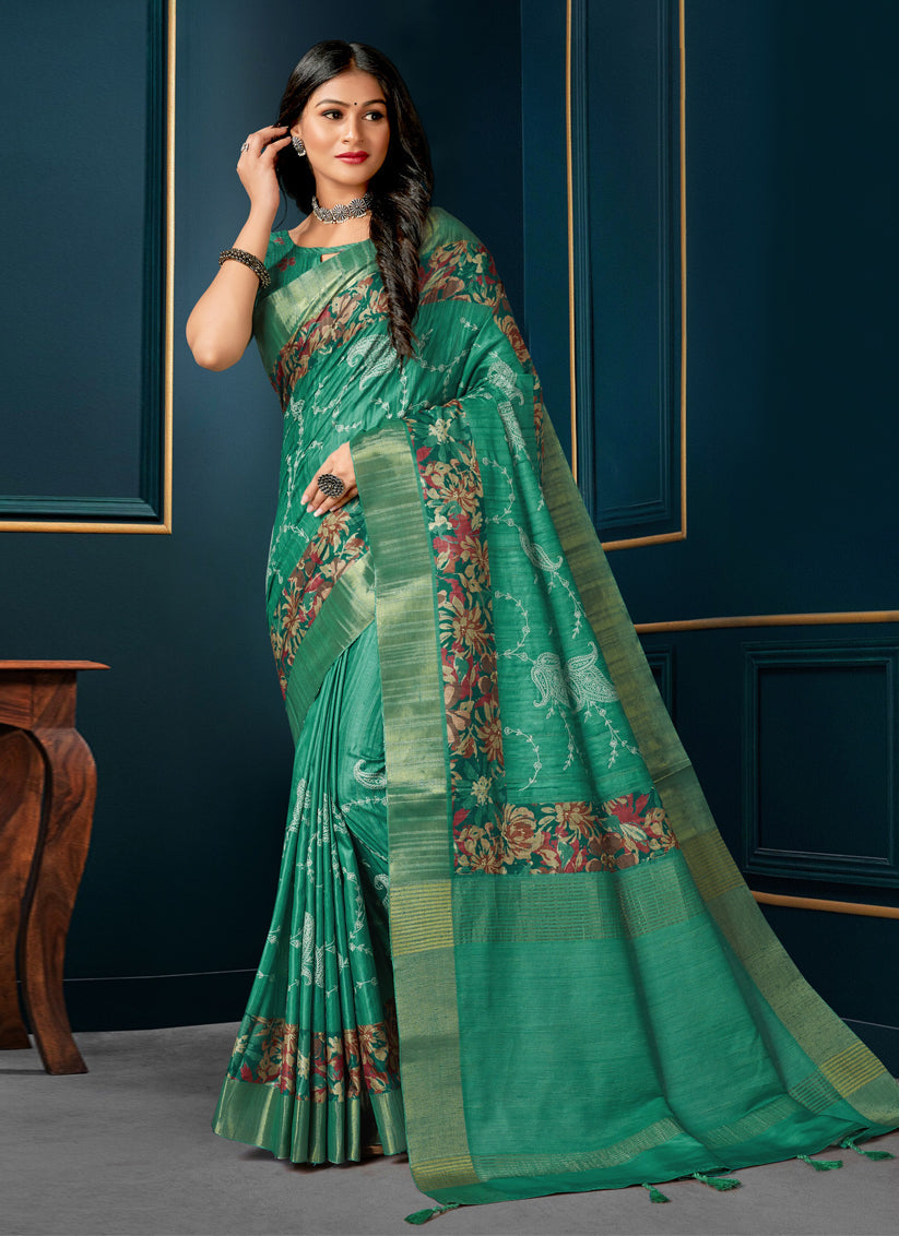 Rama Green Digital Print Silk Saree