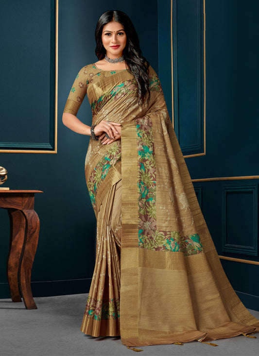 Tobacco Brown Digital Print Silk Saree