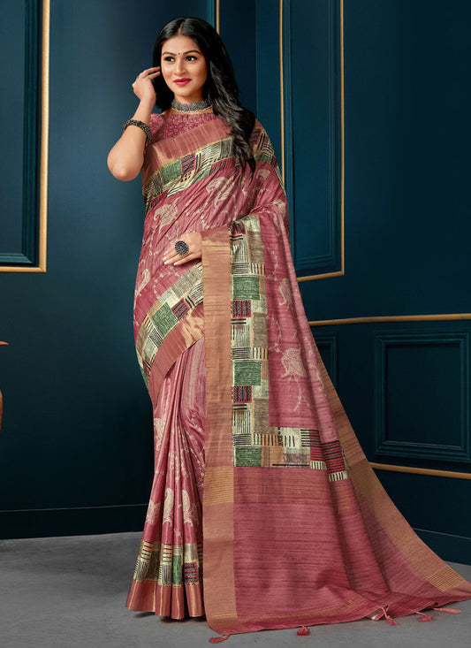 Mauve Pink Digital Print Silk Saree