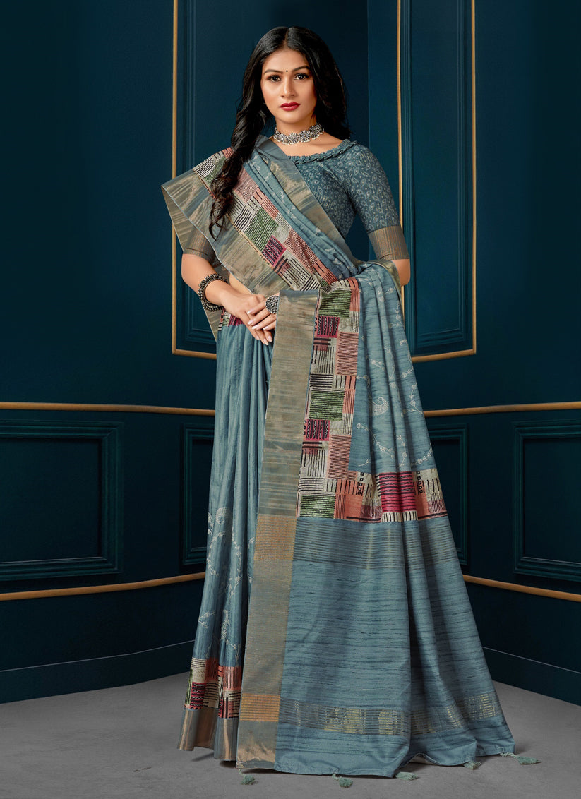 Slate Blue Digital Print Silk Saree