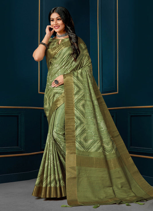 Olive Green Digital Print Silk Saree
