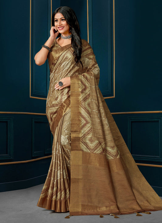 Dusty Brown Digital Print Silk Saree