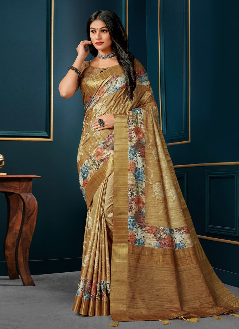 Dusty Gold Digital Print Silk Saree
