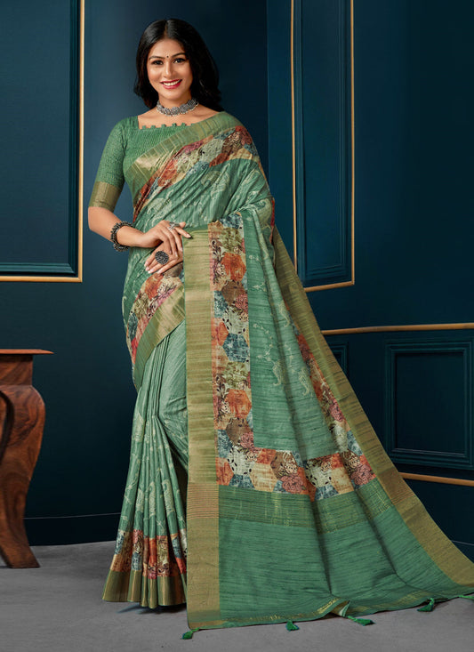 Rama Green Digital Print Silk Saree