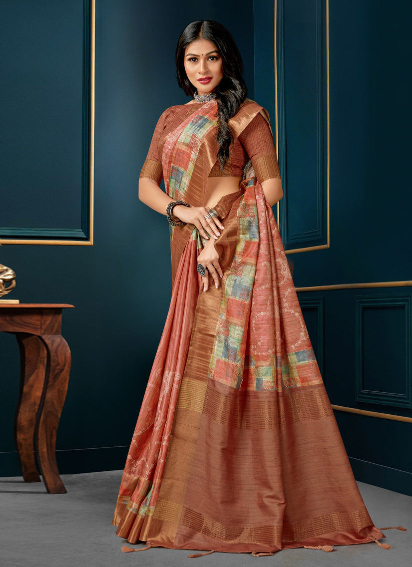 Salmon Pink Digital Print Silk Saree