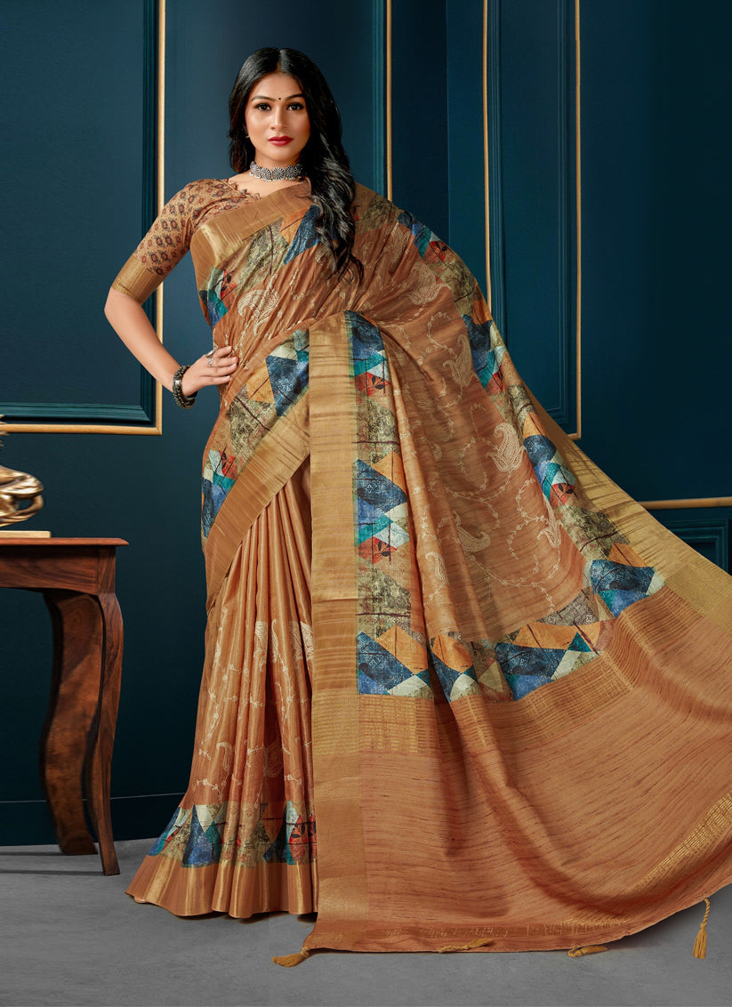 Rust Orange Digital Print Silk Saree