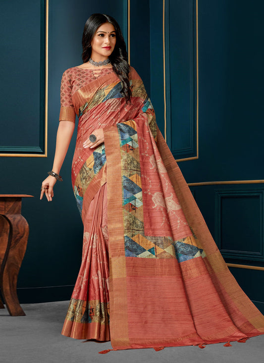 Salmon Pink Digital Print Silk Saree