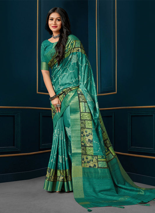 Rama Green Digital Print Silk Saree