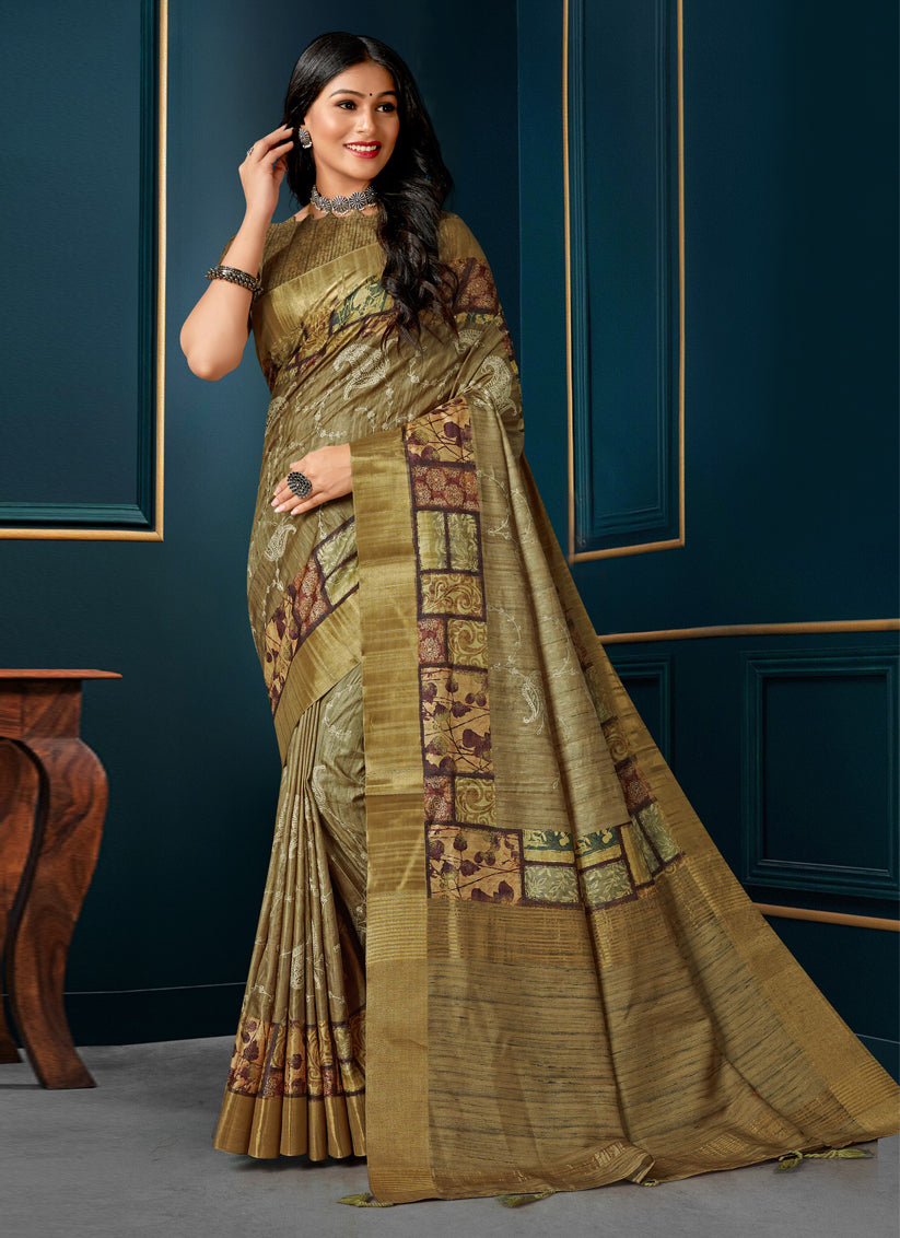 Olive Digital Print Silk Saree