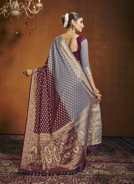 Maroon and Grey Georgette Festival Saree