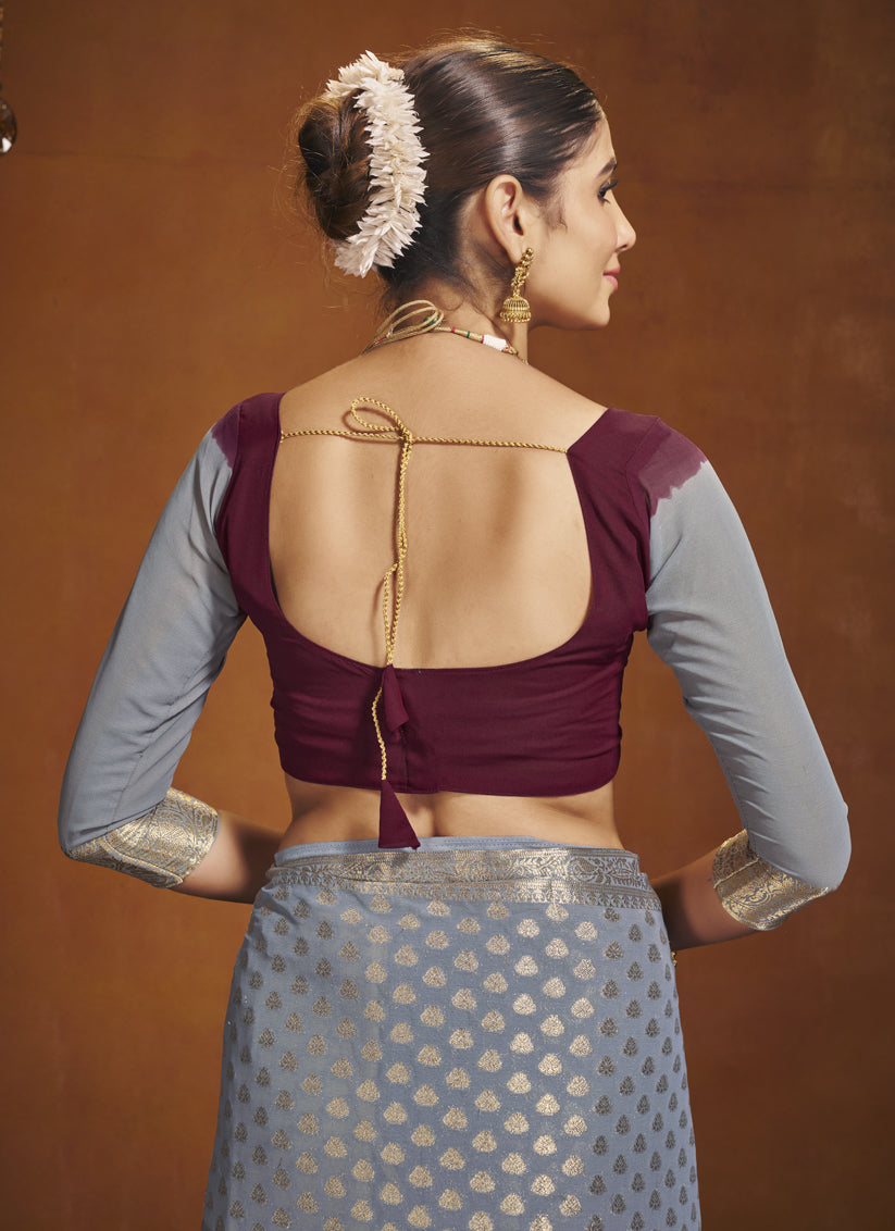 Maroon and Grey Georgette Festival Saree