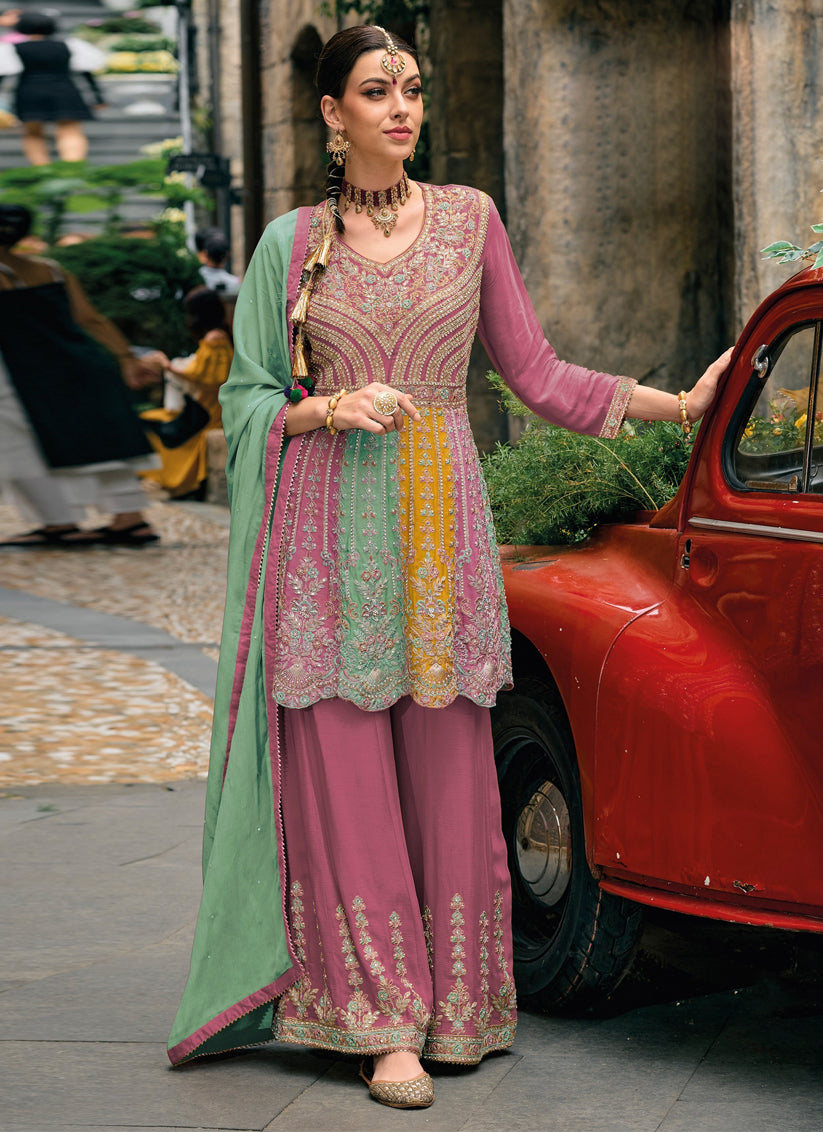 Multicolor Chinnon Embroidered Palazzo Kameez