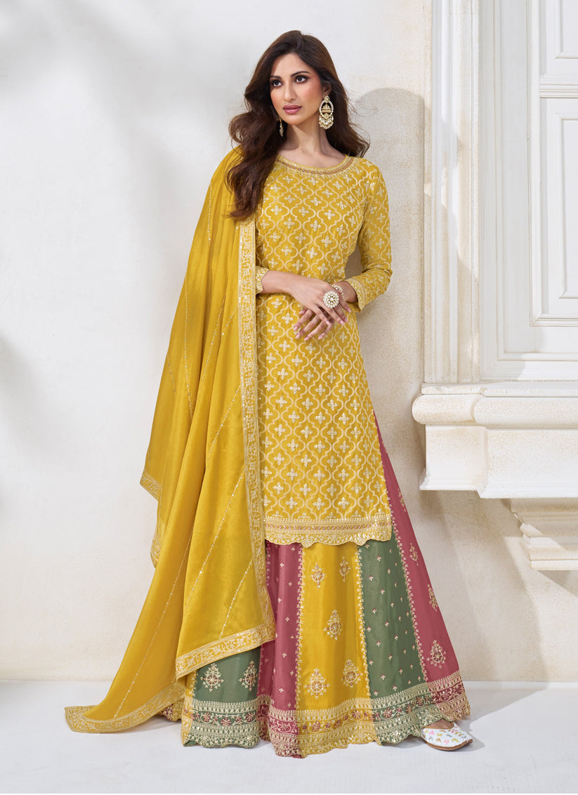 Mustard Chinnon Embroidered Lehenga Kameez