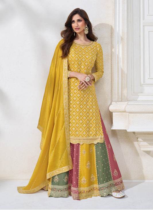 Mustard Chinnon Embroidered Lehenga Kameez
