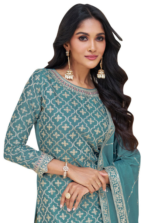 Teal Blue Chinnon Embroidered Lehenga Kameez
