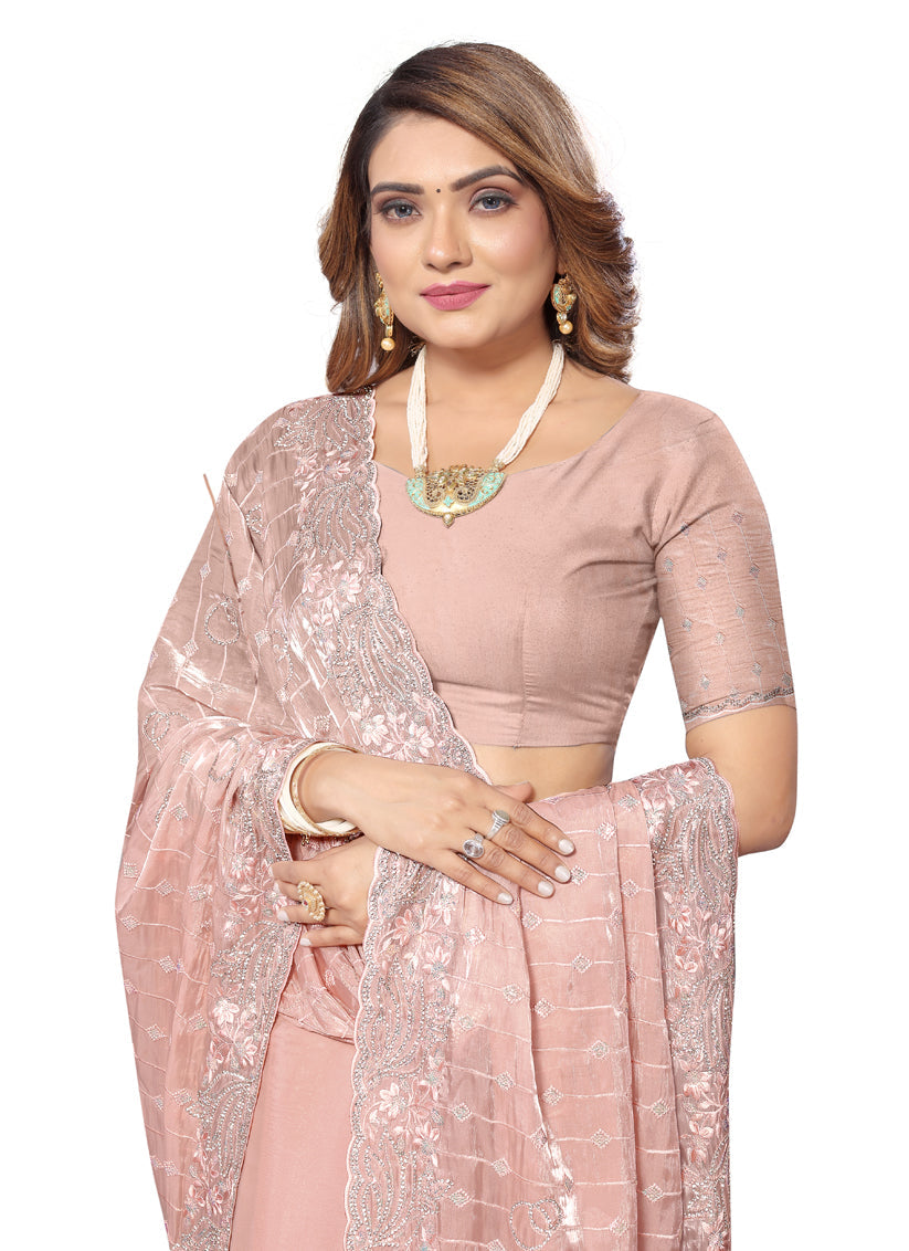Peach Heavy Resham Embroidered Party Wear Saree