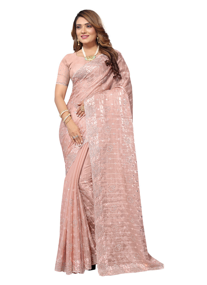 Peach Heavy Resham Embroidered Party Wear Saree