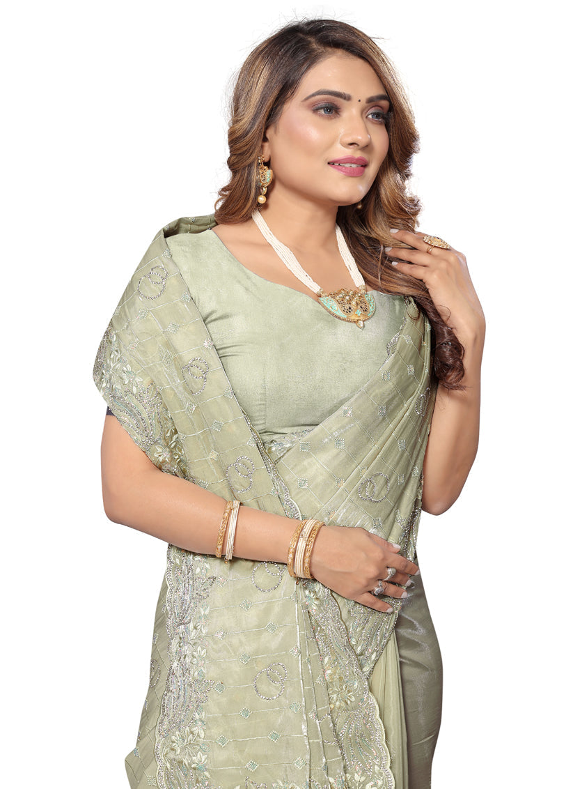 Pista Green Heavy Resham Embroidered Party Wear Saree