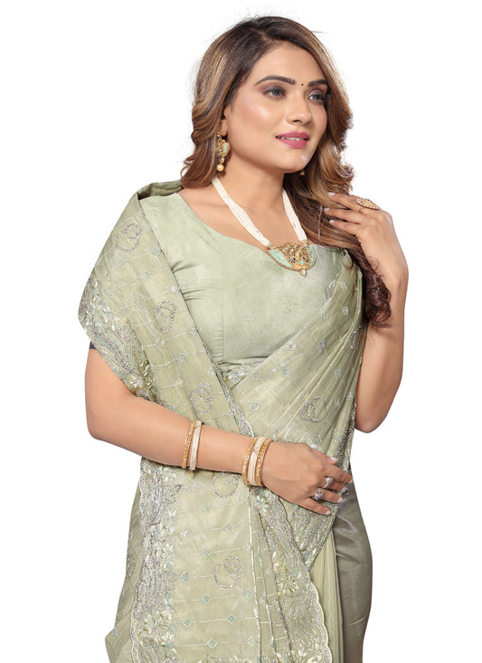 Pista Green Heavy Resham Embroidered Party Wear Saree