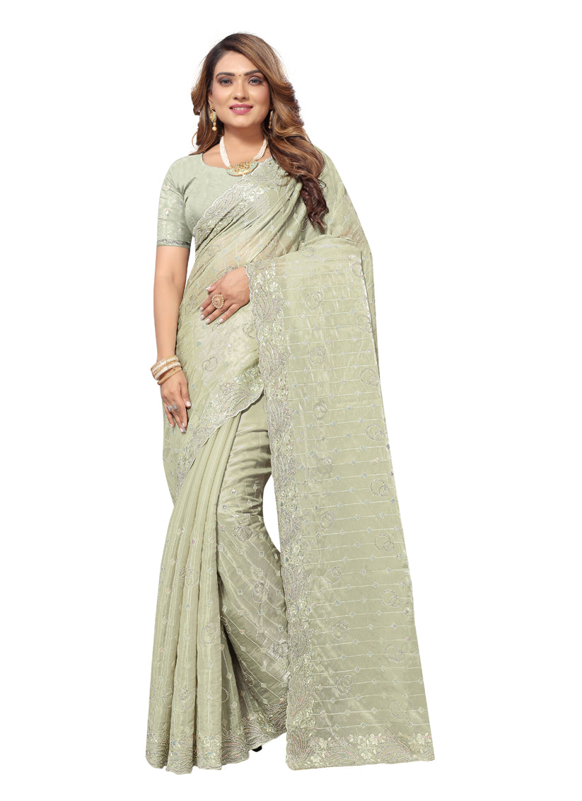 Pista Green Heavy Resham Embroidered Party Wear Saree