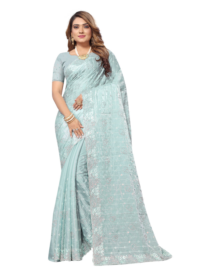 Sky Blue Heavy Resham Embroidered Party Wear Saree
