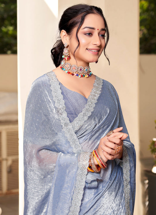 Silver Grey Silk Party Wear Saree