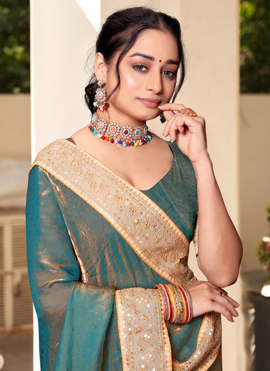 Teal Green Silk Party Wear Saree