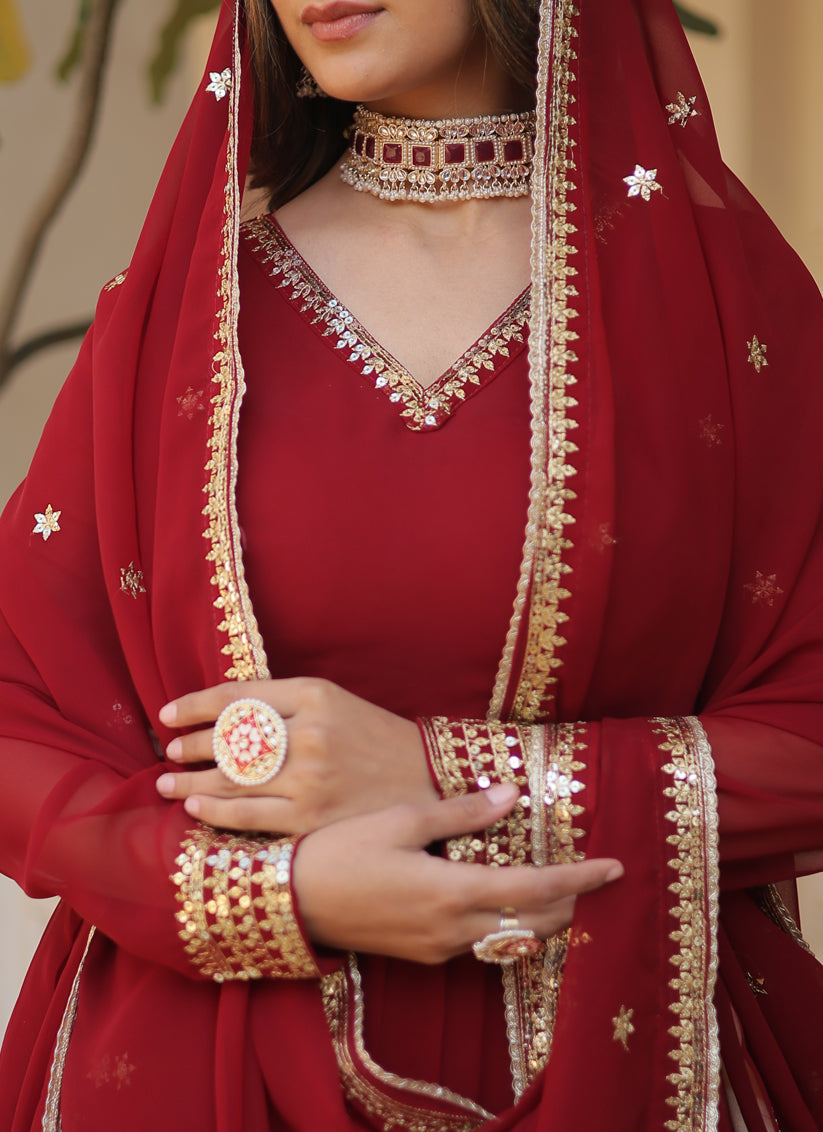 Maroon Embroidered Gown with Dupatta