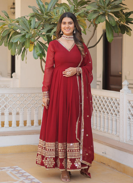 Maroon Embroidered Gown with Dupatta