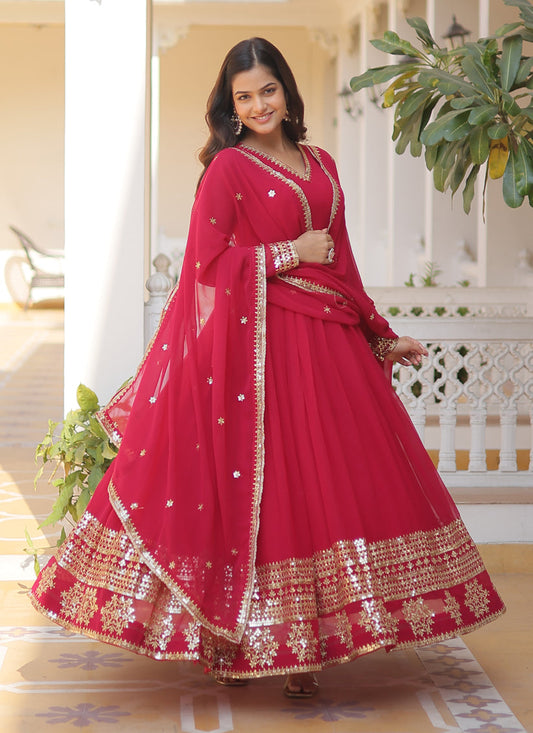 Rani Pink Embroidered Gown with Dupatta