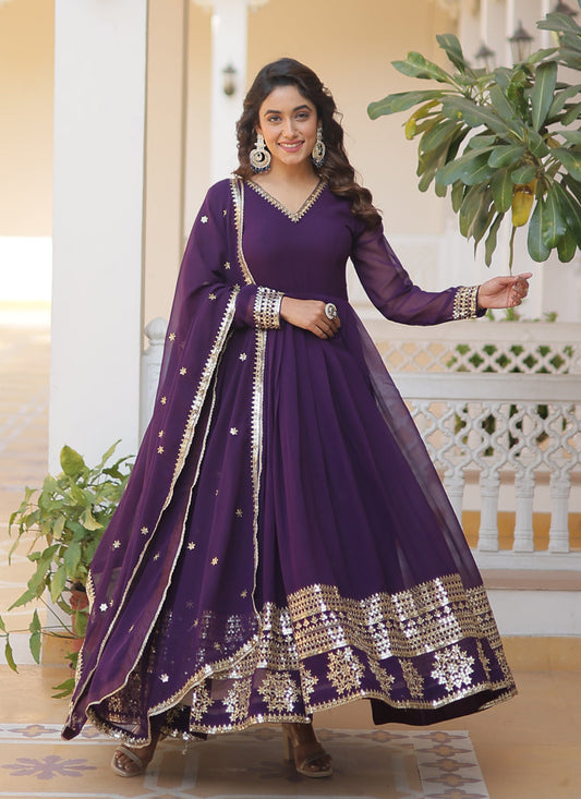 Purple Embroidered Gown with Dupatta