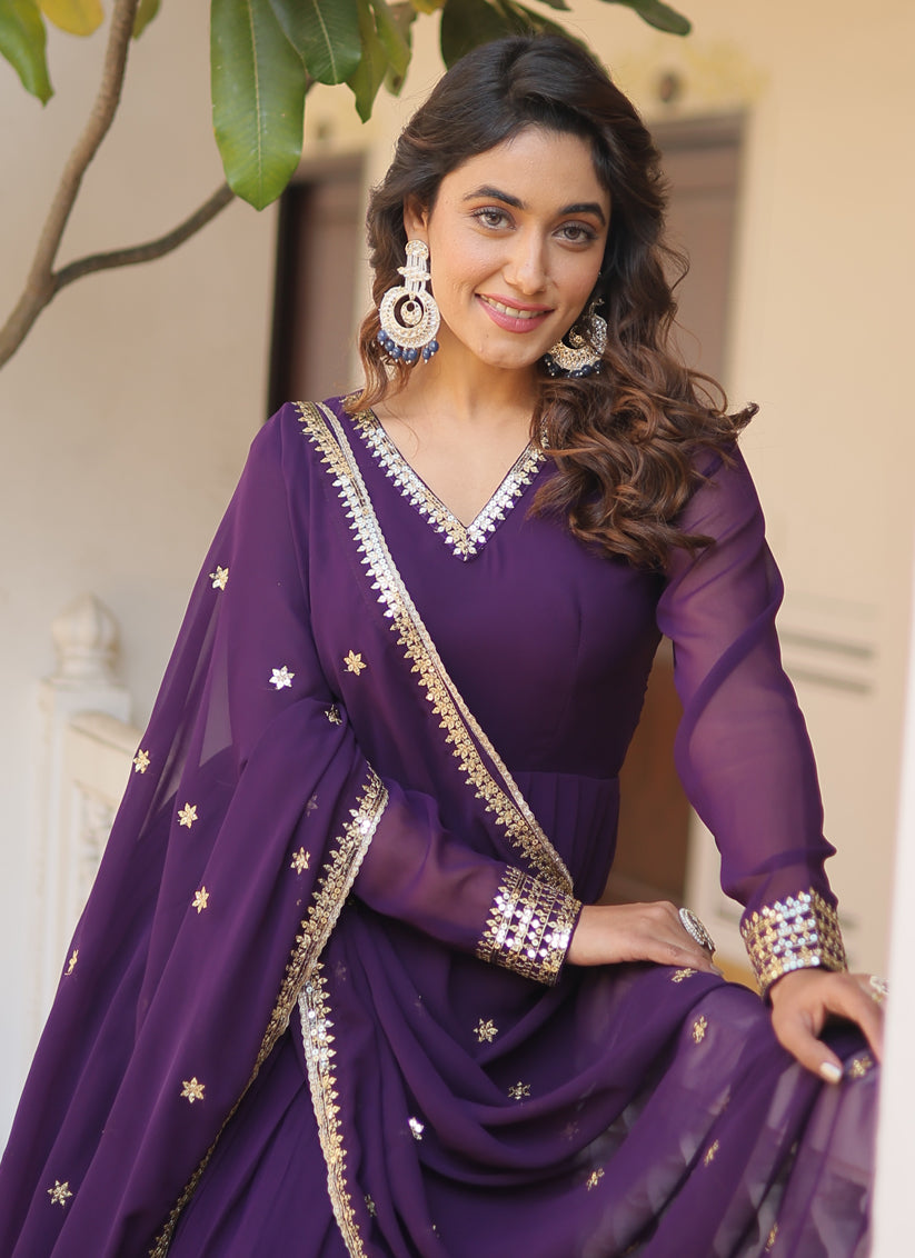 Purple Embroidered Gown with Dupatta