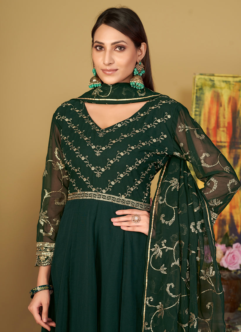 Bottle Green Georgette Embroidered Anarkali Suit