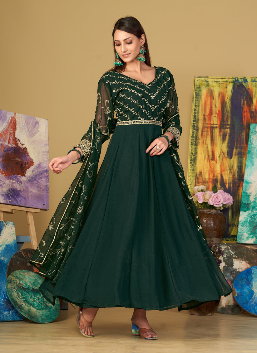 Bottle Green Georgette Embroidered Anarkali Suit
