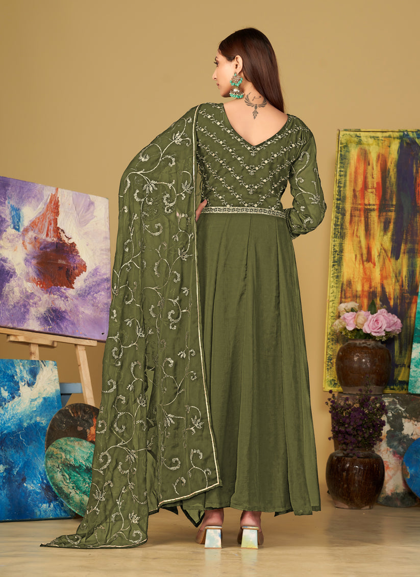 Mehendi Green Georgette Embroidered Anarkali Suit
