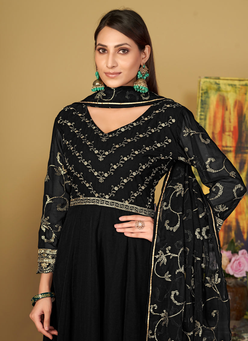 Black Georgette Embroidered Anarkali Suit