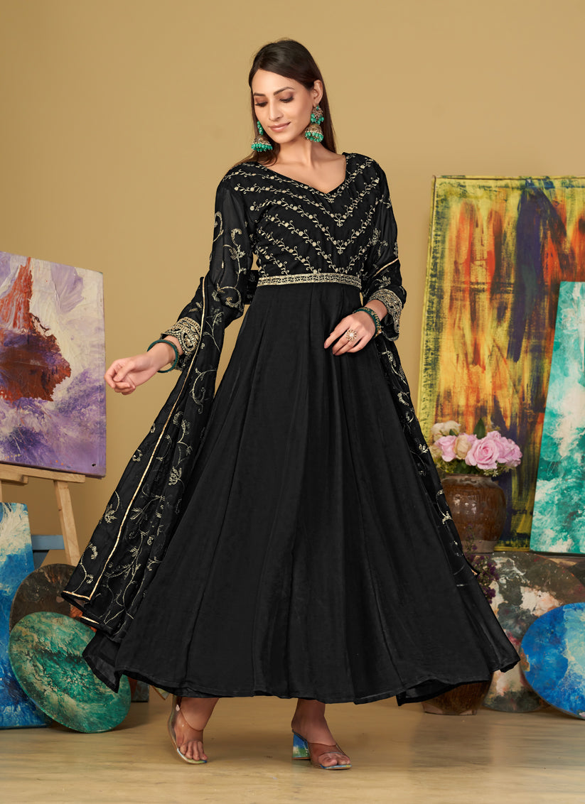 Black Georgette Embroidered Anarkali Suit