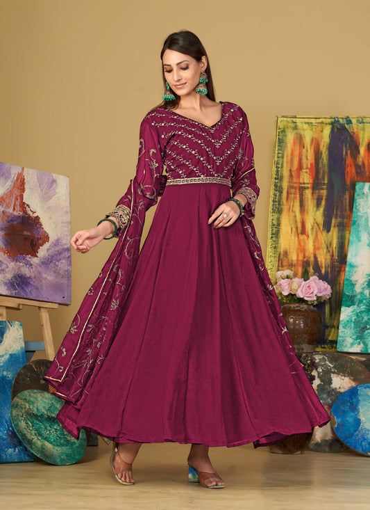Magenta Georgette Embroidered Anarkali Suit