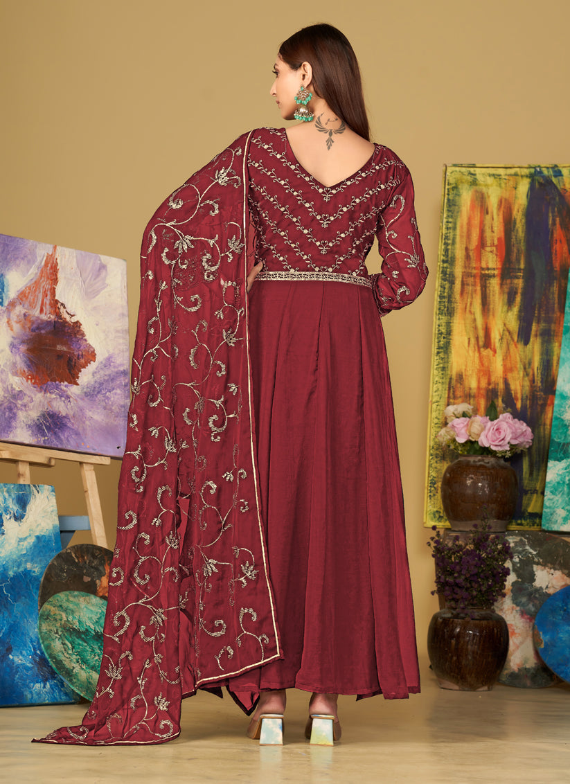 Maroon Georgette Embroidered Anarkali Suit