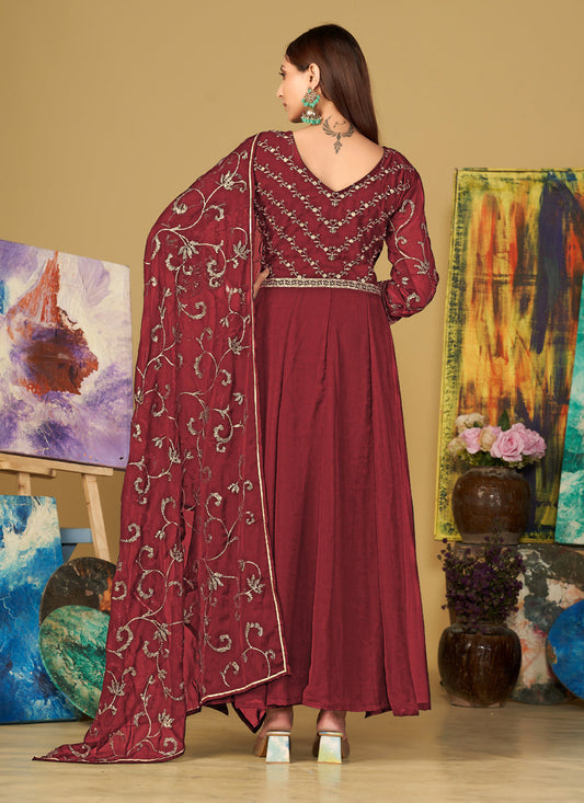 Maroon Georgette Embroidered Anarkali Suit
