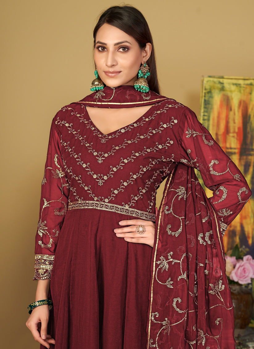 Maroon Georgette Embroidered Anarkali Suit