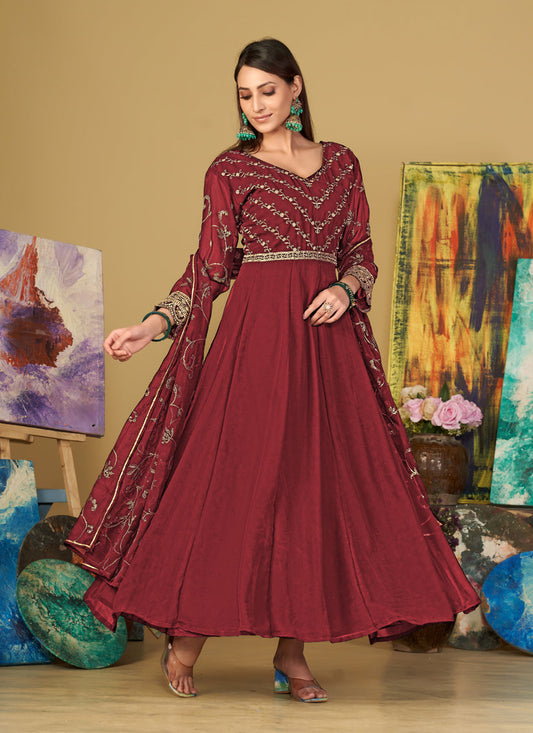 Maroon Georgette Embroidered Anarkali Suit