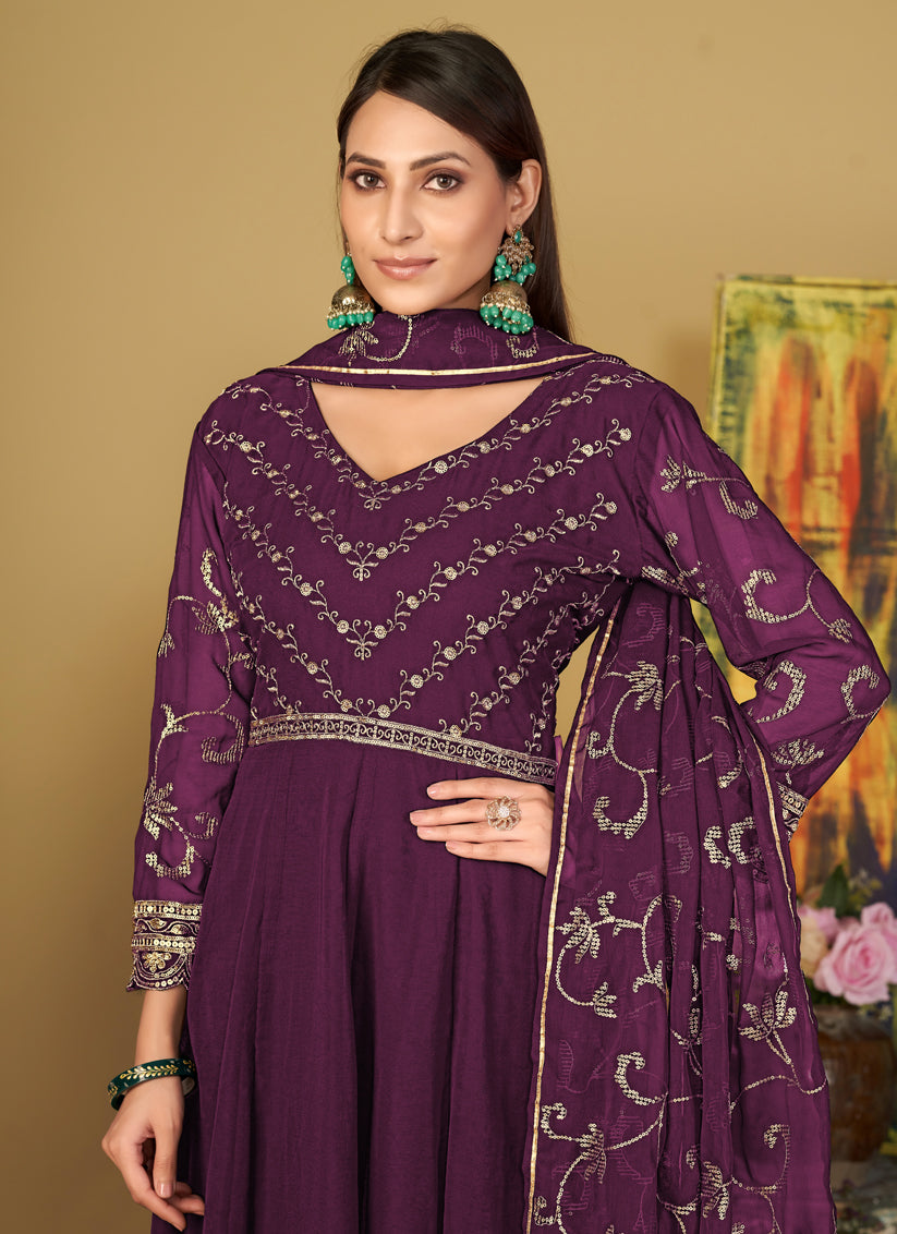 Wine Georgette Embroidered Anarkali Suit