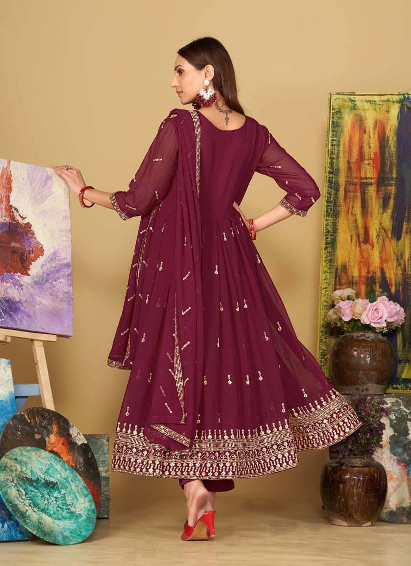 Wine Georgette Embroidered Anarkali Suit
