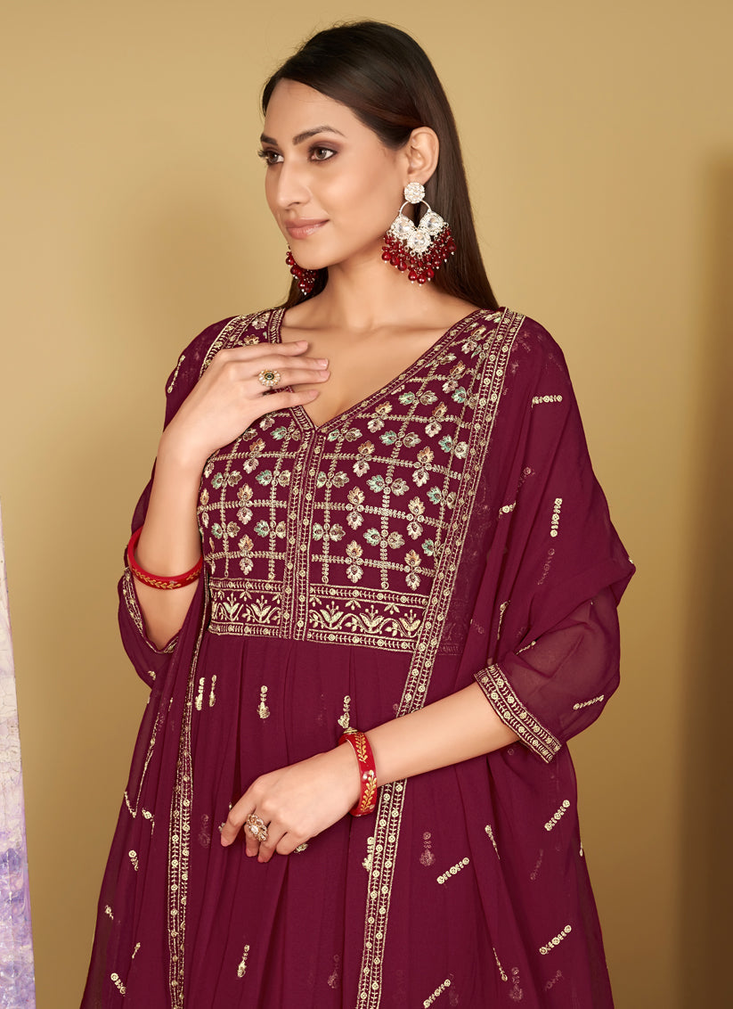 Wine Georgette Embroidered Anarkali Suit